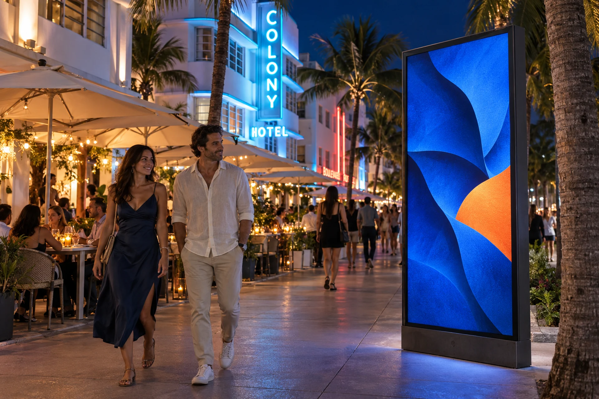 Concept of an illuminated outdoor display beside Ocean Drive dining, with people passing against the glow of Art Deco architecture.