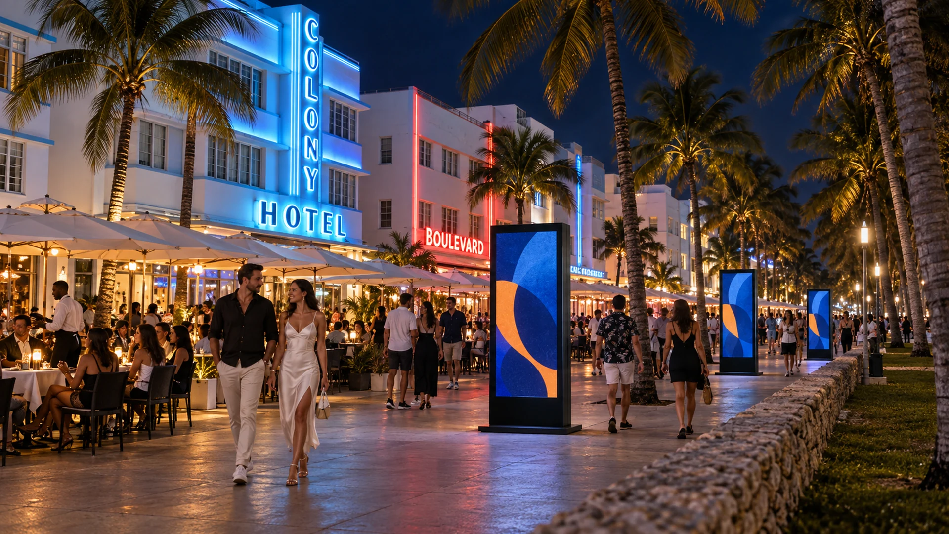 Concept of a lively Ocean Drive evening with Art Deco hotels, palm trees, outdoor dining and human-scale illuminated displays.